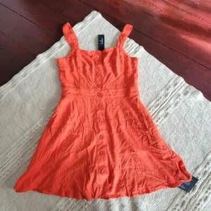 Neu mit Etikett Lulu's Leinen quadratischer Ausschnitt Knopfleiste Passform Flare Minikleid Größe M orange - Bild 1 von 10
