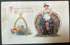 Vtg One Sided Thanksgiving Card Turkey & Girl With Carving Knife Wishbone Fruit