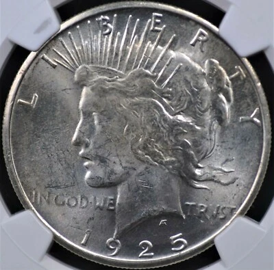 1925 S PEACE DOLLAR NGC MS 62 NICE COIN FOR THIS CONDITIONALLY CHALLENGED DATE - Image 1 of 3