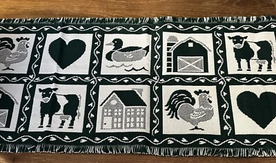 Table Runner Farmhouse Country Green White Fringe Cows Barns Ducks 17x72” - Image 1 of 4