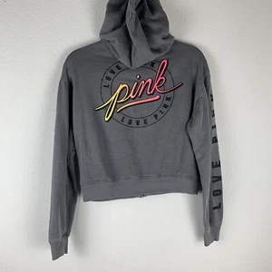 Victoria's Secret PINK Hoodie Sweatshirt Damen XS grau kurz geschnitten durchgehender Reißverschluss Y2K LOGO - Bild 1 von 4
