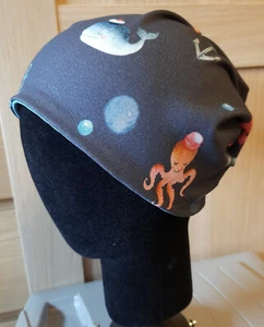 Wendemütze - Kinder Beanie KU 50-52 cm Jersey - blau mit Fisch Krake - hellblau - Bild 1 von 2