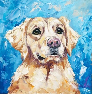 Dog Portrait Golden Retriever Art Small Oil Painting 8 x 8" Labrador Original - Picture 1 of 10