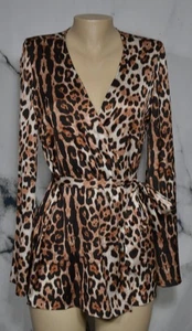 ASOS Black Tan Brown Animal Print Wrap Top 4 Long Sleeves Matching Belt - Picture 1 of 8