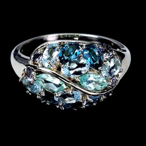 925 Sterling Silver Ring Oval Aquamarine Tanzanite Topaz Natural Gemstone Jewelr - Picture 1 of 13