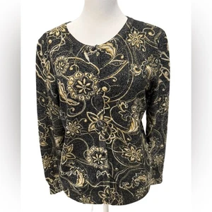Top Strick Blumenmuster Schwarz und Gold Metallic Damen Strickjacke. Große - Bild 1 von 7