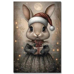 VIKTORIANISCHER HASE WEIHNACHTSMANNMÜTZE KUNSTDRUCK Fantasy Weihnachten Poster Urlaub Geschenk Deko - Bild 1 von 2