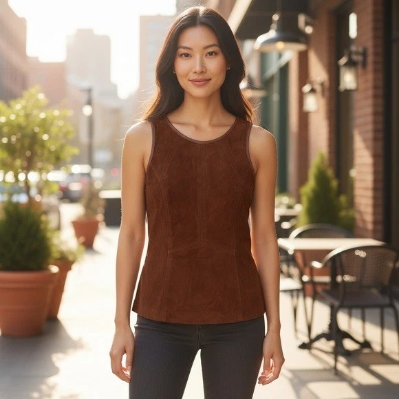 Genuine Leather Suede Tank Top Brown Sleeveless Shell Minimalist Sz 2 Y2K WHBM - Image 1 of 4