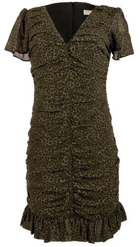 Mini abito donna Michael Kors stampa animalier increspato scollo a V verde oliva