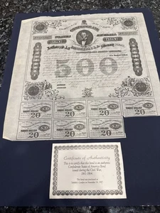 Civil War 1863 $500 Confederate War Bond with Seven Payment Certificates w COA - Picture 1 of 7