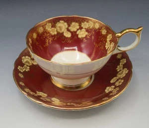 AYNSLEY BONE CHINA TEETASSE UND UNTERTASSE SET SCHWER GOLD ROT FLORAL 40er JAHRE - Bild 1 von 10