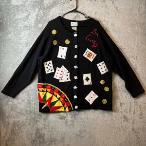 Vintage Casino Gambling Theme Cardigan Dice Buttons Lucky Vegas Cards Size 2X - Picture 1 of 7