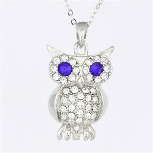 Clear Rhinestone Crystal Horned Owl with Blue Eyes Pendant Necklace P908 - Picture 1 of 3