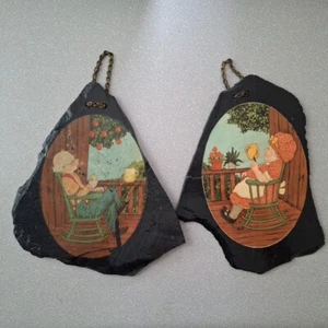 Rock Plaques Old Man Old Woman Grandpa Grandma Decoupage Wall Hangings - Picture 1 of 4