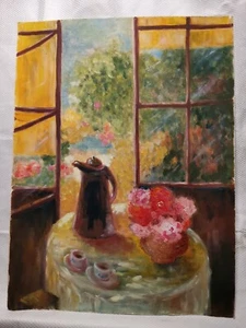 École française XXéme hst "la table fleurie" post Impressionnisme 30x40 - Foto 1 di 4