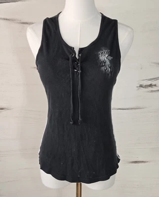 Harley Davidson Майка женщин винтажный без рукавов размер XL черный шнурок - Изображение 1 из 4