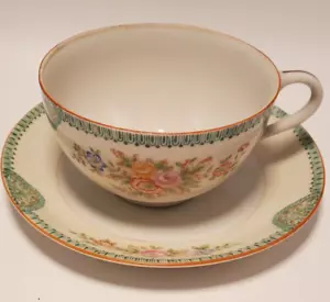 Vintage Chikaramachi Tea Cup & Saucer Japan Green Border Floral - Picture 1 of 6