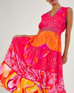 WOW Monsoon Bandhani Size XXL 24 Orange Pink Embellished Midi Maxi Dress - Picture 1 of 15