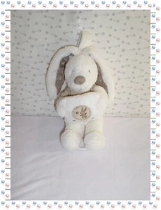 D - Doudou Peluche Musicale Lapin Blanc Taupe Coussin Broderies Pommette - Imagen 1 de 1