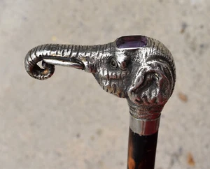Knaufrute Elefantenkopf Bronze versilbert Amethyst Silber England Ende 19.Jh. - Bild 1 von 24
