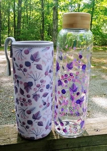 Waterdrop Glass Bottle Insulated Sleeve Purple Berries Leaves Bamboo Lid 20 oz - Picture 1 of 6