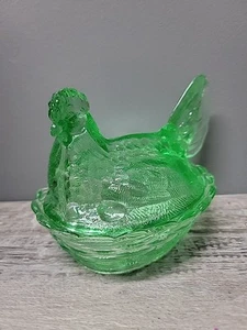 Green Depression Style Glass Hen on Nest Chicken Candy Dish, Vintage Kitchenware - Picture 1 of 5