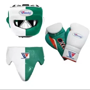 Winning Boxausrüstung Set Handschuhe Kopfbedeckung Leistenschutz schwarz Echtleder. - Bild 1 von 4
