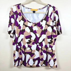 St. John Stretch Jersey Scoop Neck S/S Top Women's XL Purple Tan White Geometric - Picture 1 of 10