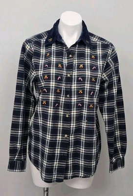 Camisa Vintage Bobbie Brooks Bordada a Cuadros Azul Marino Navidad Vacaciones Talla M Foto 1 de 4
