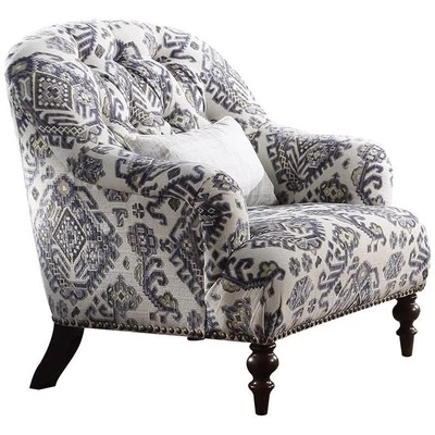 ACME Saira Tufted Accent Chair with 1 Pillow in Light Gray and Blue Fabric - Image 1 of 3
