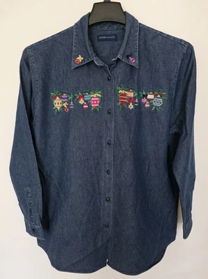 Karen Scott Christmas Denim Shirt Embroidered Button Size L Long Sleeve Women - Image 1 of 4