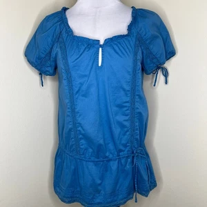 Converse One Star Peasant Top Med Blue Ruffle Pleated Cotton Drawstring Blouson - Picture 1 of 8