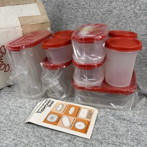 Juego de mates modulares Tupperware vintage redondo ovalado 9 piezas con tapa de sello rojo transparente - Imagen 1 de 13