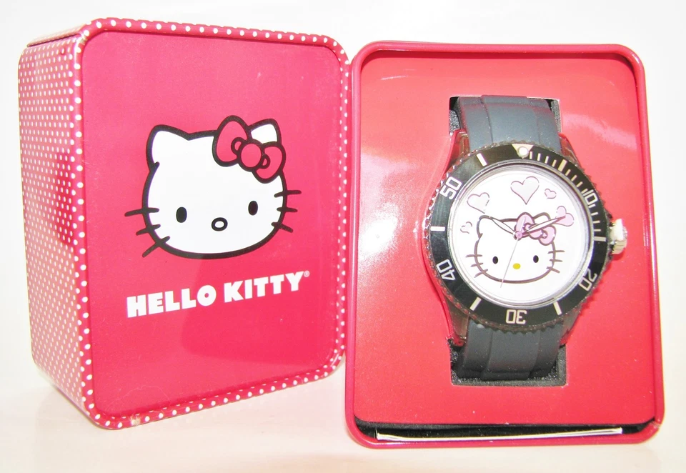 NEW SANRIO HELLO KITTY BLACK SILICONE BAND+SILVER DIAL+PINK HEART WATCH-HWL1346 - Image 1 of 1
