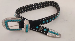 Christine Alexander Women's Black Leather Belt Rhinestones Turquoise & Silver - Picture 1 of 10