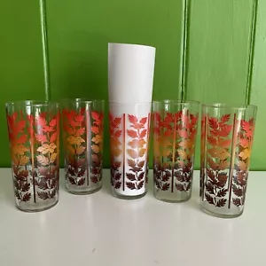 MCM set 5 Vtg Federal Glasses Ombre Red orange LEAF LEAVES Tumblers 1950’s - Picture 1 of 4