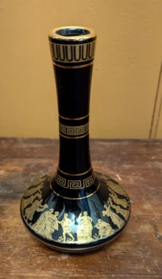 Jarrón de cerámica hecho a mano KE Grecia de 7" mitología griega negro con adornos dorados de oro de 24k Foto 1 de 4