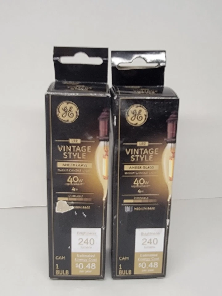 GE Vintage CAM E26 Filament LED Bulb, Transparent Amber 2 pack - Image 1 of 2