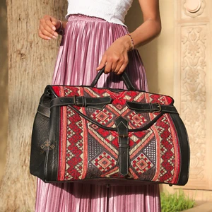 Black kilim travel leather bag Victorian Carpet Mary Poppins - Picture 1 of 7