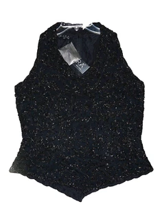 New JKARA Beaded Sequin Evening Party Cocktail Blouse Top S Black Halter - Picture 1 of 6