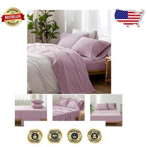 Luxurious Light Purple Washed Cotton Queen Sheet Set - Textured Comfort - Picture 1 of 8