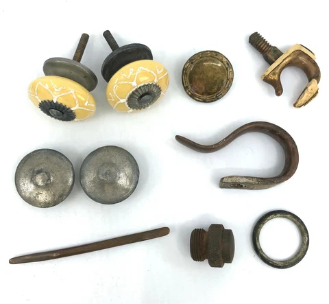 Hardware Mixed Lot of 13 pc Ceramic Knobs Brass Hooks Metal Rosettes Vintage Cover