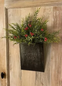 New Primitive Farmhouse ROSEMARY HERB RED BERRY VINTAGE 1843 WALL BASKET Hanging - Picture 1 of 2