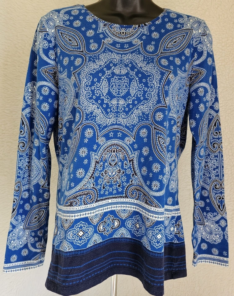 Camisa Top Blusa Talbots Mujer Talla MP Mediana Pequeña Azul Negro Blanco Cachemira Foto 1 de 4