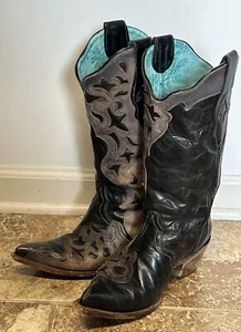 Corral Vintage Women's Black Brown Inlay Sz 8 M Wide Calf Leather - Picture 1 of 24