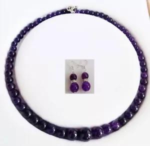 Fine Natural 6-14mm Purple Amethyst Gems Round Beads Necklace Earrings Set 18" - Picture 1 of 12