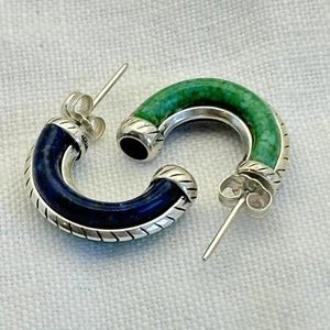 Carolyn Pollack 925 Mosaic Inlay Green Turquoise Lapis Lazuli Half Hoop Earrings - Picture 1 of 10