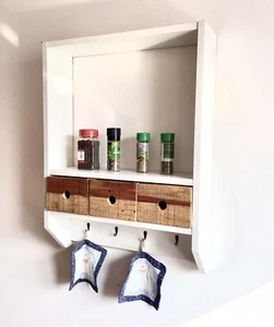 Pensile mensola Armadietto Cucina legno Bianco Con Cassetti Ganci Presine Sala - Foto 1 di 10