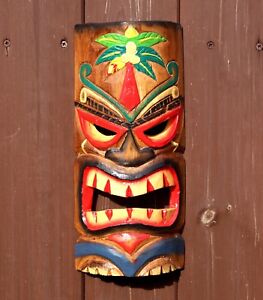 Tiki Mask Wooden 30cm Wall Hanging Handcarved Painted Bar Garden Pub Decoration 