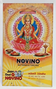 Old Vintage Novino Battery Goddess Laxmi Advertising Litho Print Tin Sign Board - Picture 1 of 24